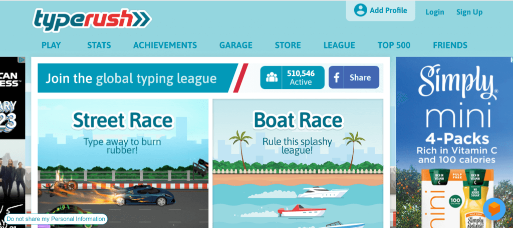 Type Rush Race - Worldwide League of Typing Racers!