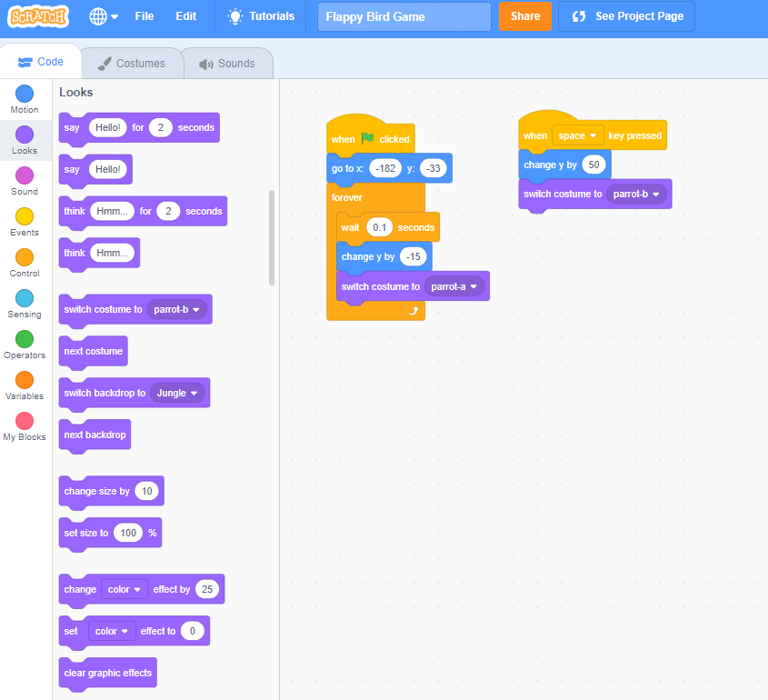 Coding flappy bird game using scratch 